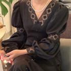 Puff-sleeve V-neck Lace Panel Dress Black - One Size