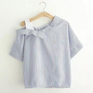 One-shoulder Pinstripe Short-sleeve Blouse