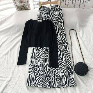 Long-sleeve Plain Cropped T-shirt / Zebra Print Wide-leg Pants