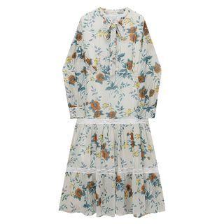 Long-sleeve Tie-neck Floral Print Midi A-line Dress Blue & White - One Size