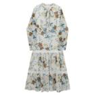 Long-sleeve Tie-neck Floral Print Midi A-line Dress Blue & White - One Size