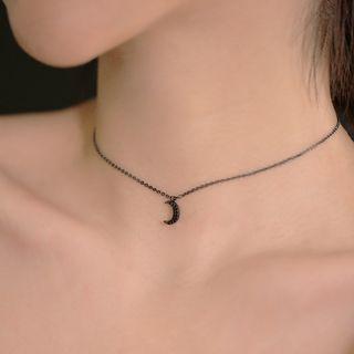 Moon Rhinestone Pendant Sterling Silver Choker Black - One Size