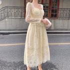 Long-sleeve Square-neck Lace Slim-fit Dress