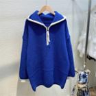 Contrast Trim Half-zip Sweater Blue - One Size
