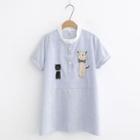 Short-sleeve Embroidered Cat Striped Top Blue - One Size