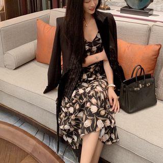 Long-sleeve Plain Blazer / Spaghetti-strap Floral Printed Dress
