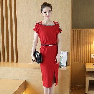 Short-sleeve Slit-front Dress