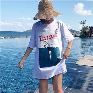 Elbow-sleeve Printed Long T-shirt White - One Size