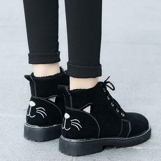 Cat Embroidered Platform Lace-up Ankle Boots