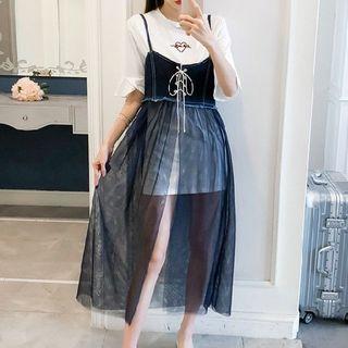 Set: Embroidered T-shirt + Spaghetti Strap Mesh Panel Dress