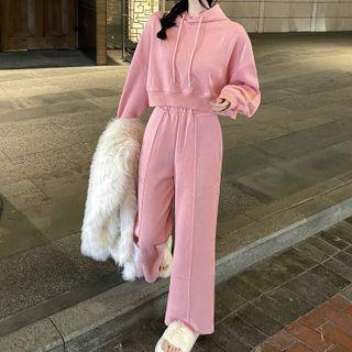 Plain Cropped Hoodie / Fluffy Jacket / Wide-leg Pants