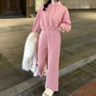 Plain Cropped Hoodie / Fluffy Jacket / Wide-leg Pants