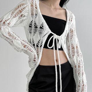 Long-sleeve Perforated Open-front Knit Top