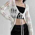 Long-sleeve Perforated Open-front Knit Top