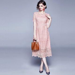 Short-sleeve Midi A-line Lace Party Dress