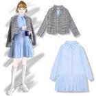Plaid Blazer / Collared Long-sleeve Pleated Dress
