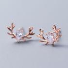 925 Sterling Silver Rhinestone Deer Horn Earring S925 Silver - 1 Pair - Rose Gold - One Size