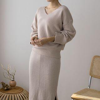 Knit Set: V-neck Top + Midi Skirt