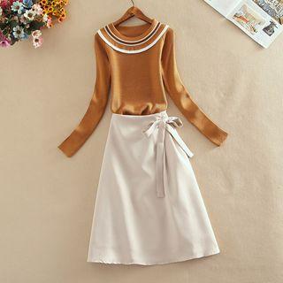Striped Long-sleeve Knit Top / High Waist A-line Skirt / Set