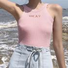 Letter Embroidered Halter-neck Knit Cropped Tank Top