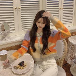 Long-sleeve Striped Buttoned Knit Top Tangerine - One Size