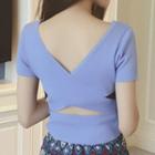V-neck Cutout Short-sleeve Cropped Knit Top