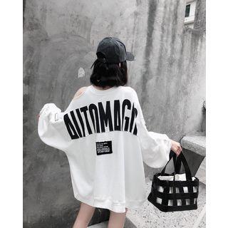 Lettering Cold Shoulder Oversize Long-sleeve T-shirt
