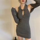 Set: Long-sleeve Top + Sleeveless Knit Sheath Dress Gray - One Size