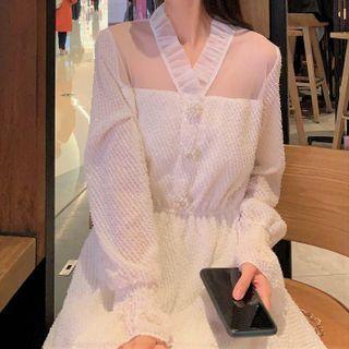 Long-sleeve Frill Trim Mesh Panel Midi A-line Dress