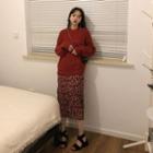 Plain Sweater / Long-sleeve Floral Print Midi A-line Dress