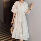 Elbow-sleeve Plain Midi Dress White - One Size