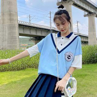 Short-sleeve Mock Two-piece Embroidered T-shirt / Striped Mini Pleated Skirt