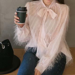 Tie-front Fringed Blouse Beige - One Size