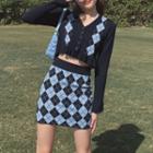 Set : V-neck Color-block Argyle Cardigan + High-waist Argyle Skirt