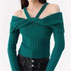 Long Sleeve Off-shoulder Plain Ribbed-knit Sweater