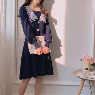 Sailor Collar Balloon-sleeve Knit Dress As Shown In Figure - One Size