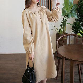 Button-detail Shirred-trim Dress With Sash