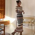 Long-sleeve Striped Knit Midi Sheath Dress Stripe - Brown & Black & White - One Size