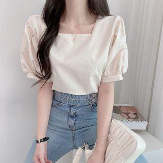 Plain Square Neck Puff Sleeve Crop Blouse