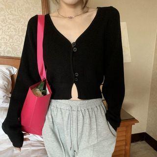 Short-sleeve Plain V-neck Knit Cardigan