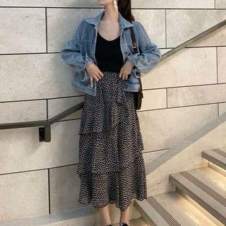 Denim Jacket / Blazer / Dotted Midi A-line Skirt / Set