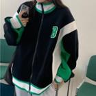 Oversized Contrast Trim Long-sleeve Baseball Jacket Black & Green - One Size