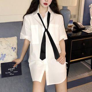 Elbow-sleeve Plain Collar Button-up Loose-fit Mini Dress White - One Size