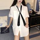 Elbow-sleeve Plain Collar Button-up Loose-fit Mini Dress White - One Size