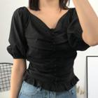 V-neck Puff-sleeve Button-detail Blouse