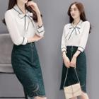 Set: Piped 3/4-sleeve Tie Neck Blouse + Lace Pencil Skirt