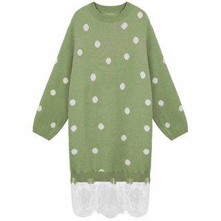 Lace-hem Dotted Midi Sweater Dress