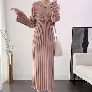 Long-sleeve V-neck Ribbed Knit Midi Sheath Dress