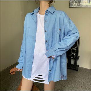 Long-sleeve Denim Blouse Blue - One Size