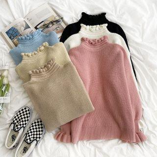Long-sleeve High-neck Plain Ruffle Trim Knit Sweater